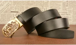 Men's stylish black leather belt with detailed wolf metal automatic buckle for business.