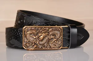 Detailed shot of men's genuine leather belt with bronze dragon buckle and embossed pattern.