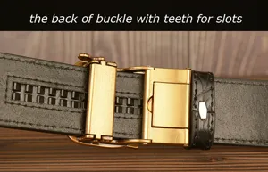 Men's leather belt automatic buckle detail back view with teeth slots for easy adjustment.