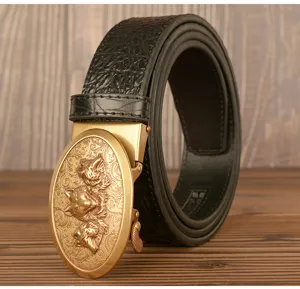 Details of mens automatic buckle leather belt with luxury 3 wolf head golden metal buckle.