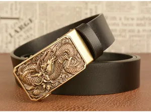 Mens leather belt with exquisite 3D dragon metal automatic buckle for casual jeans daily wear.
