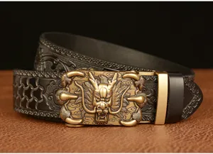 Men's leather belt with vintage dragon claw buckle, embossed cowhide strap, casual style.