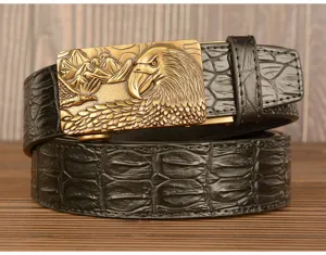 Men's retro automatic buckle belt with eagle relief design and crocodile pattern cowhide.