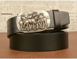 Men's business casual leather belt featuring a stylish metal wolf head automatic buckle.