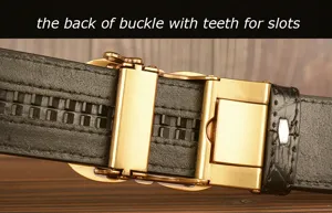 Close-up detail view of the men's leather belt automatic buckle back with teeth slots.