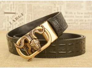 Elegante cintura da uomo in pelle con stampa coccodrillo e fibbia a testa di ariete.