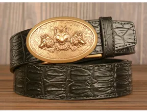 Men's retro black leather belt with crocodile pattern and vintage bronze three wolf head auto buckle.