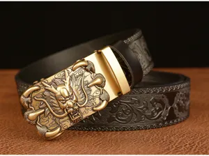 Detailed view of a men's carved leather belt featuring a domineering dragon claw automatic buckle.