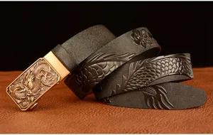 Men's automatic buckle leather belt with embossed dragon design, stylish casual waist belt.