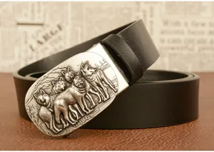 Men's automatic buckle leather belt detail shot featuring a cool silver wolf relief buckle.