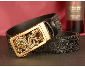 Men's automatic buckle leather belt featuring intricate dragon buckle and embossed pattern.