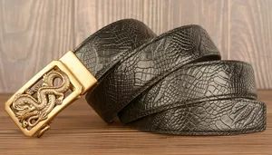 Close-up view of the men's leather belt featuring a detailed dragon metal automatic buckle.