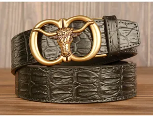 Retro Bull Head Automatic Buckle Leather Belt Men Casual Crocodile Pattern Jeans Belt