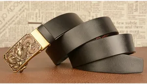 Men cowhide leather casual belt showcasing vintage dragon metal automatic buckle detail.