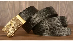 Men's crocodile pattern leather belt with retro eagle automatic metal buckle detail view.