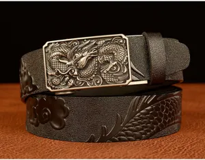 Men's automatic buckle leather belt with exquisite dragon embossed design for casual jeans wear.