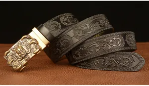Men retro automatic buckle leather belt with exquisite dragon head and carved patterns.