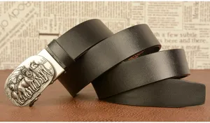 Detailed close-up view of the metallic wolf buckle on a premium black leather belt strap.