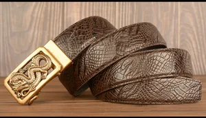 Men's brown crocodile pattern leather belt with retro dragon metal automatic buckle.