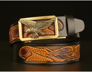 Mens leather belt with metallic eagle buckle and embossed eagle strap for stylish casual jeans wear daily.