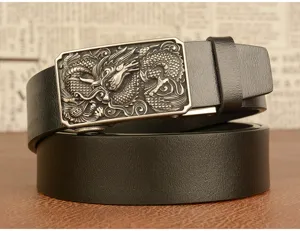 Detail shot of the men's automatic buckle leather belt featuring an intricate dragon relief.