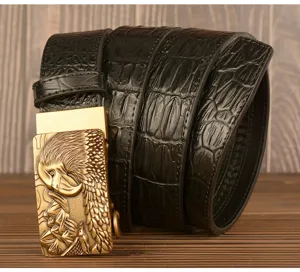 Men's black crocodile pattern cowhide leather belt with vintage gold tone eagle automatic buckle.