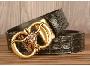 Men vintage automatic buckle leather belt with bull head design and crocodile pattern style.