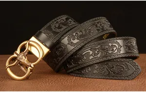 Men leather belt automatic buckle emboss casual business trousers belt ox zodiac design black
