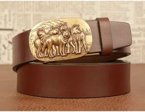 Men vintage brown leather belt with wolf pack relief metal automatic buckle casual waist