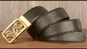 Men's retro dragon automatic buckle leather belt, embossed texture business casual detail.