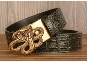 Men's black crocodile pattern leather belt with vintage bronze cobra snake buckle detail.