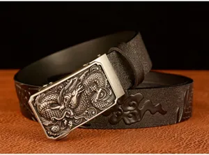 Men's leather belt with dragon embossed automatic buckle, vintage ethnic style for jeans.