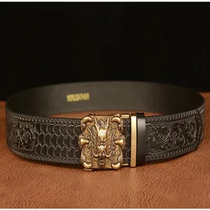 Detailed view of a men's leather belt featuring a fierce dragon claw automatic buckle.