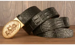 Men's automatic buckle leather belt with crocodile pattern and vintage three wolf head metal design.