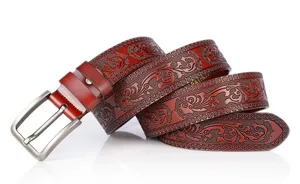 Embossed leather belt for men, vintage carved design with metal buckle, casual jeans belt.