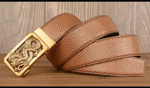 Men retro dragon automatic buckle brown leather belt detailed product showcase close view.