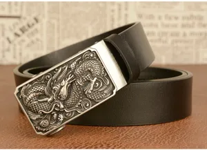 Detailed view of the men's leather belt with retro dragon metal automatic buckle and textured strap.