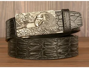 Vintage eagle automatic buckle leather belt with black crocodile pattern for men casual