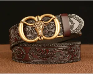 Men's leather belt detail view showcasing the metallic bull head automatic buckle and embossed pattern.