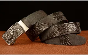 Men's automatic buckle leather belt featuring an embossed dragon pattern and metal buckle.