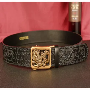 Men's automatic buckle leather belt featuring embossed dragon pattern and stylish retro design.