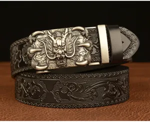 Mens vintage embossed leather belt with dragon claw automatic buckle stylish waist accessory
