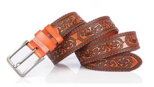 Men's vintage embossed leather belt casual stylish cowhide jeans belt with metal pin buckle