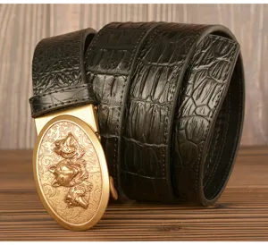 Men's black leather belt with crocodile texture and vintage gold three wolf head buckle.