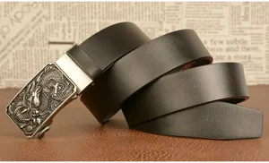 Men's leather automatic buckle belt with vintage dragon metal design for casual jeans wear.