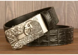 Men's leather belt with retro eagle automatic metal buckle and stylish crocodile pattern.