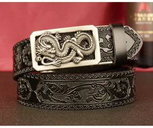 Men's stylish leather belt featuring embossed dragon buckle and classic pattern strap.