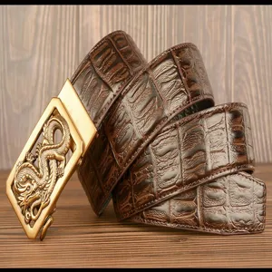 Vintage dragon automatic buckle men's leather belt with crocodile pattern for business casual.