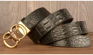 Men's retro crocodile pattern leather belt featuring an automatic bull head metal buckle.