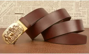 Detailed view of men's genuine leather business casual belt featuring a stylish wolf buckle.